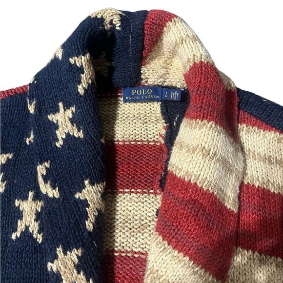 Ralph Lauren Polo Flag Cardigan Sweater Shawl Collar Americana Vintage Knit L - Picture 15 of 16